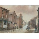 TOM BROWN (b. 1933) PASTEL DRAWING Salford street scene with figures and 'rag-bone' cart Signed