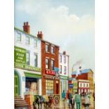 PATRICK BURKE (modern) OIL PAINTING ON ARTIST BOARD Street scene with figures, horse and cart