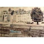 •CLIFFORD HALL (1904 - 1973) CRAYON AND CHARCOAL 'Vannes, Brittany' Signed 9 1/2" x 14"