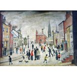 AFTER L. S. LOWRY UNSIGNED COLOUR PRINT 'MOUNTED ON CANVAS' 'A Lancashire Village' 15" x 20 1/2" (38