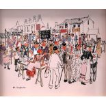 MARGARET CHAPMAN (1940 - 2000) PEN AND WASH DRAWING ON PINK PAPER 'Crowded Market Scene' Signed 6