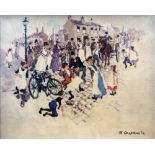 MARGARET CHAPMAN (1940 - 2000) OIL PAINTING ON CANVAS 'Cycling Accident', street scene with crowd