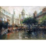 •MARC GRIMSHAW (b. 1957) PASTEL Busy continental street scene Signed 12" x 16 1/2" (30.5 x 41.9cm)