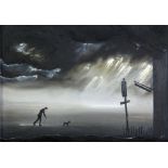 MARK ELLIOTT (20th CENTURY) OIL ON BOARD Man and dog in a thunderstorm Initialled 11 1/4" x 16" (