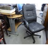 A BLACK LEATHER ? OPEN ARM SWIVEL DESK CHAIR ON FIVE SPUR BASE, A COMPUTER TABLE AND A SMALLER DITTO