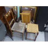 A LOW OPEN ARM BEDROOM CHAIR, A SMALL OAK BOX, AN OAK OCCASIONAL TABLE, A BEDROOM CHAIR WITH