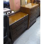 OAK CHEST OF THREE LONG DRAWERS, WITH CARVED LEDGE BACK AND ANOTHER CHEST OF FIVE DRAWERS (2)