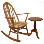 ERCOL WINDSOR HOOP BACK ROCKING CHAIR, WITH SQUAB CUSHION AND A PINE TRIPOD WINE TABLE