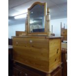 PINE BLANKET BOX, PINE SWING TOILET MIRROR AND A PINE DOUBLE BEDSTEAD WITH MATTRESS (3)