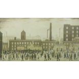 AFTER L.S. LOWRY UNSIGNED COLOUR PRINT MILL TOWN SCENE 11 1/4" X 19 3/4" AND A COLOUR REPRODUCTION