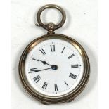 LADY'S SILVER COLOURED METAL CASED FOB WATCH, stamped 800, with floral engraved cover and keywind