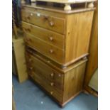 A PAIR OF PINE LOW CHESTS, EACH OF THREE LONG DRAWERS ON BALL FEET