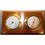 STAWER, WEST GERMAN QUARTZ SHIPS CLOCK AND ANEROID BAROMETER IN BRASS DRUM CASE ON OBLONG WOOD PANEL