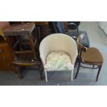 BENTWOOD CHAIR, BEDSIDE CUPBOARD, LOOM TUB CHAIR, STUDDED LEATHER SINGLE CHAIR, PIANO STOOL AND AN