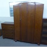 A CARVED OAK HANG WARDROBE, WITH SINGLE DOOR, 4' WIDE AND MATCHING CHEST OF FOUR LONG DRAWERS (2)