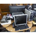 AN OLD PACKARD BELL TOWER COMPUTER SYSTEM, KEYBOARD AND SCREEN TOGETHER WITH A LATER HP PHOTOSMART