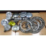 VARIOUS CAR LAMPS, CAR PARTS AND NUMBER PLATE