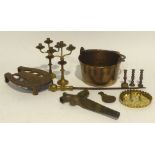 SMALL BRASS PATENT 'SEAMLESS STOVE', SMALL BRASS JAM PAN WITH IRON SWING HANDLE, BRASS BARREL TAP