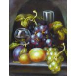 UNATTRIBUTED, MODERN OIL PAINTING STILL LIFE - FRUIT AND GLASSES OF WINE 7" X 5" (18cm x 13cm) IN
