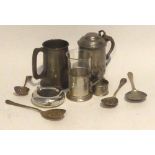 A 1953 PEWTER LIDDED TANKARD, A PEWTER MUG, A PLATED HIP FLASK AND OTHER PEWTER AND PLATED ITEMS