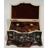 GOOD MID NINETEENTH CENTURY TORTOISESHELL AND MOTHER O'PEARL INLAID TEA CADDY, of shaped oblong form