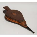 MAHOGANY BELLOWS, of typical form, decorated with the Prince of Wales feathers oval inlay, 18 1/