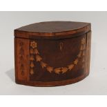 GEORGE III INLAID MAHOGANY TEA CADDY, of elliptical form, the front decorated with bell flower swags