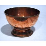 EIGHTEENTH CENTURY COPPER PEDESTAL BOWL, of steep sided form with ribbed foot, the centre