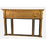 EARLY NINETEENTH CENTURY MOULDED GILT GESSO OVER MANTEL MIRROR, the central oblong bevel edged