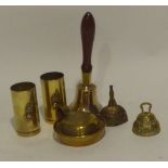 PAIR OF TRENCH ART BRASS SHELL CASES, 'Ubique', 3 3/4" (9.6cm) high, TOGETHER WITH A HAND BELL,