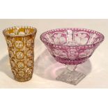 A LARGE RUBY STAINED AND CUT GLASS PEDESTAL TABLE CENTRE BOWL OR PUNCH BOWL, on faceted ball