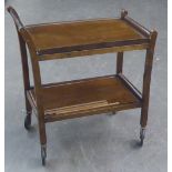 A TWO TIER TEA TROLLEY WITH TRAY TOP AND STAINED WOODEN OBLONG FOLD-FLAT OCCASIONAL TABLE, ON 'X'