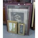 OLD PICTURE FRAME, AN UNFRAMED LARGE BLACK AND WHITE ENGRAVING AND TWO FRAMED COLOUR PRINTS