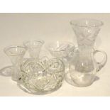 CUT GLASS LARGE FRUIT BOWL AND THREE CUT GLASS VASES, CUT GLASS PEDESTAL SWEETMEAT DISH AND WATER