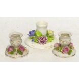 A PAIR OF DRESDEN CHINA SMALL CANDLE HOLDERS AND A SIMILAR CROWN STAFFORDSHIRE