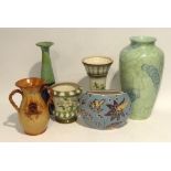 LARGE WEST GERMAN GREEN GLAZED POTTERY OVULAR VASE AND FIVE OTHER LARGE POTTERY VASES VARIOUS FOUR