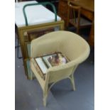 A CREAM LLOYD LOOM TUB CHAIR, GILT FRAMED WALL MIRROR, FOUR PRINTS, WALL PLATE, SMALL COLLAPSIBLE