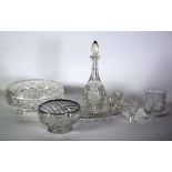 CUT GLASS SMALL DECANTER AND STOPPER, TOGETHER WITH A SET OF SIX TOT GLASSES, oval tray with