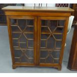 GEORGIAN STYLE LINE INLAID MAHOGANY DWARF BOOKCASE ENCLOSED BY TWO ASTRAGAL GLAZED DOORS, ON BRACKET