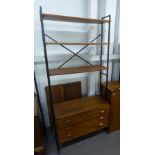 A 1960's LADDERAX STYLE SHELVING UNIT WITH FALL FRONT SECTION AND THREE LONG DRAWERS, 5' WIDE