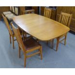 A TEAK GATELEG DINING TABLE AND FOUR OAK DINING CHAIRS WITH PAD DROP IN SEATS