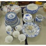 BLUE AND WHITE WARES TO INCLUDE; ROYAL ALBERT 'CONNOISSEUR' TEA SET FOR FOUR PERSONS, VARIOUS PLATES