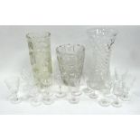 THREE VARIOUS GLASS VASES AND 16 VARIOUS SHERRY GLASSES