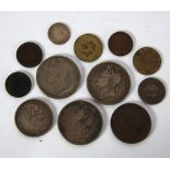 THREE GEO IIII SILVER CROWN COINS 1821 all showing wear Geo IV penny 1825 together with WILLIAM IIII