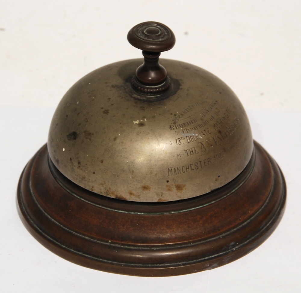 EARLY TWENTIETH CENTURY LARGE METAL AND BRONZE COUNTER BELL, engraved with presentation inscription,