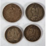 VICTORIAN SILVER DOUBLE FLORIN 1889 (VF) but edge dented and another 1889 (F) and TWO VICTORIAN HALF