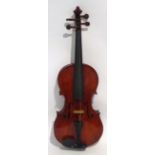 20th CENTURY VIOLIN BY AMATEUR MAKER PERRY LATHAM having 14" (35.5cm) two piece back WITH BOW in