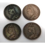 TWO VICTORIA SILVER CROWNS 1889 (F) and TWO OTHERS 1890 (F) (4)