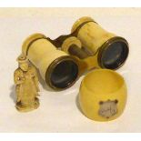 PAIR OF EARLY TWENTIETH CENTURY GILT METAL AND BONE OPERA GLASSES, in green plush and silk lined