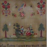 VICTORIAN BERLIN WOOLWORK TAPESTRY PICTURE of a boy with spaniel in original wooden frame, 23 1/2" x